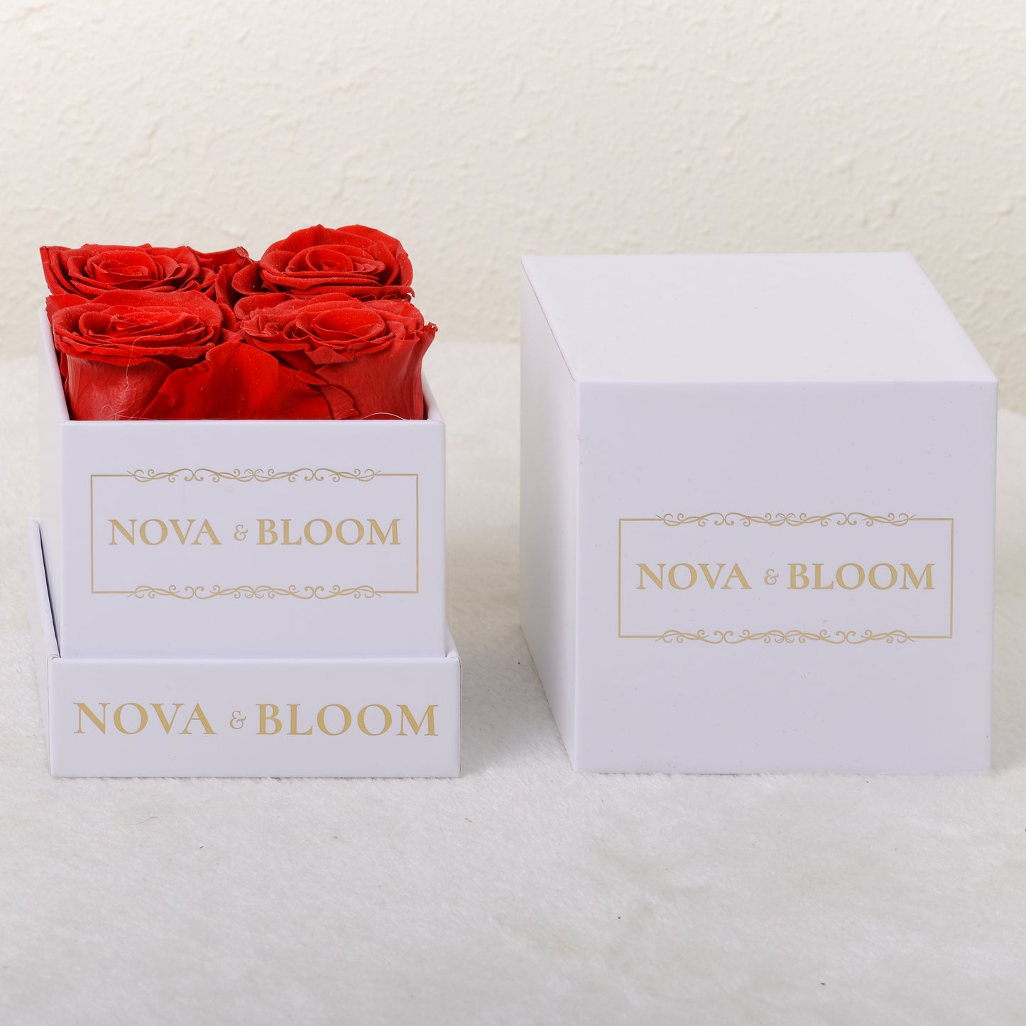 Small White Square Arrangement - Red Preserved Roses - Front View With Box