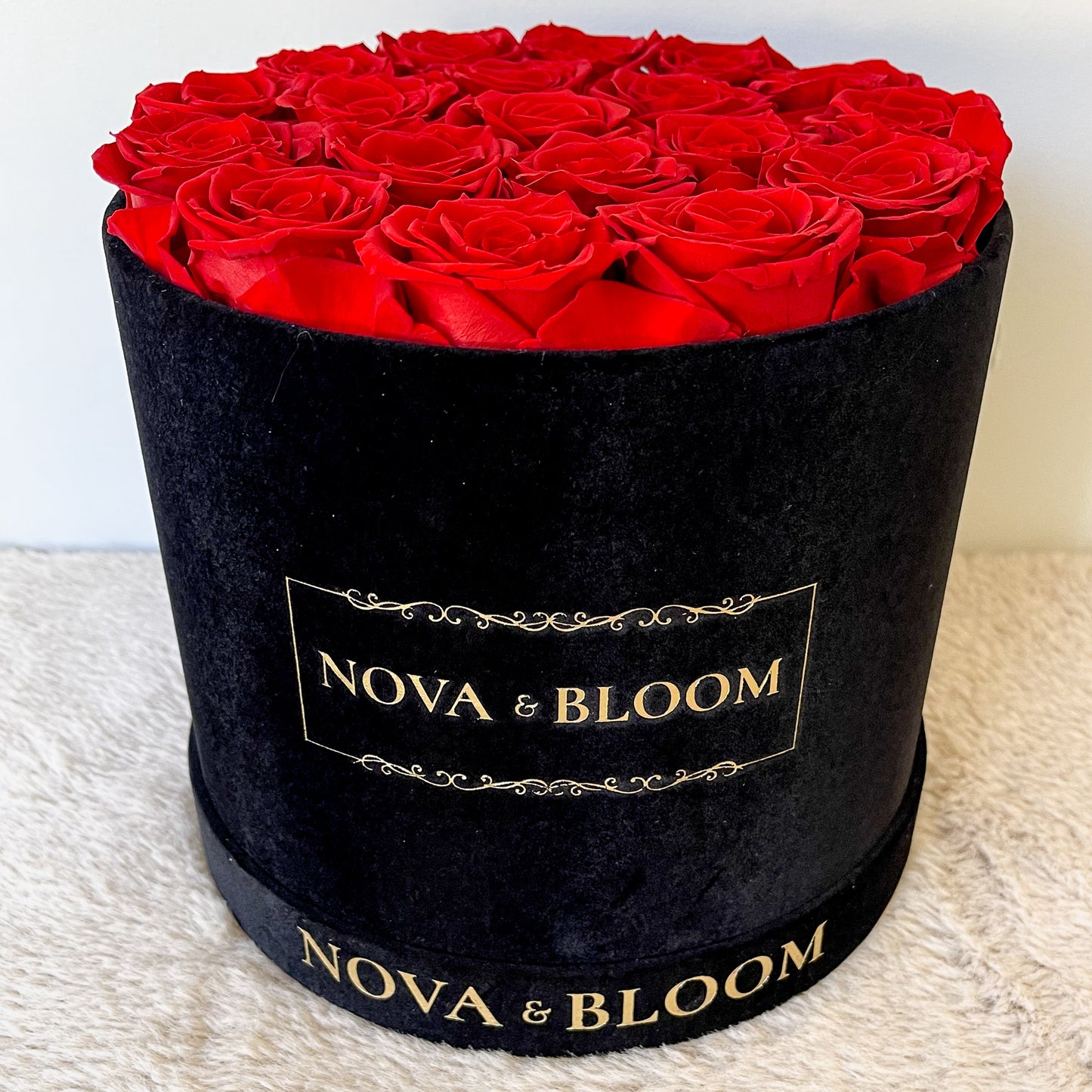 Large Black Velvet Round Arrangement - Red Preserved Roses - Front View