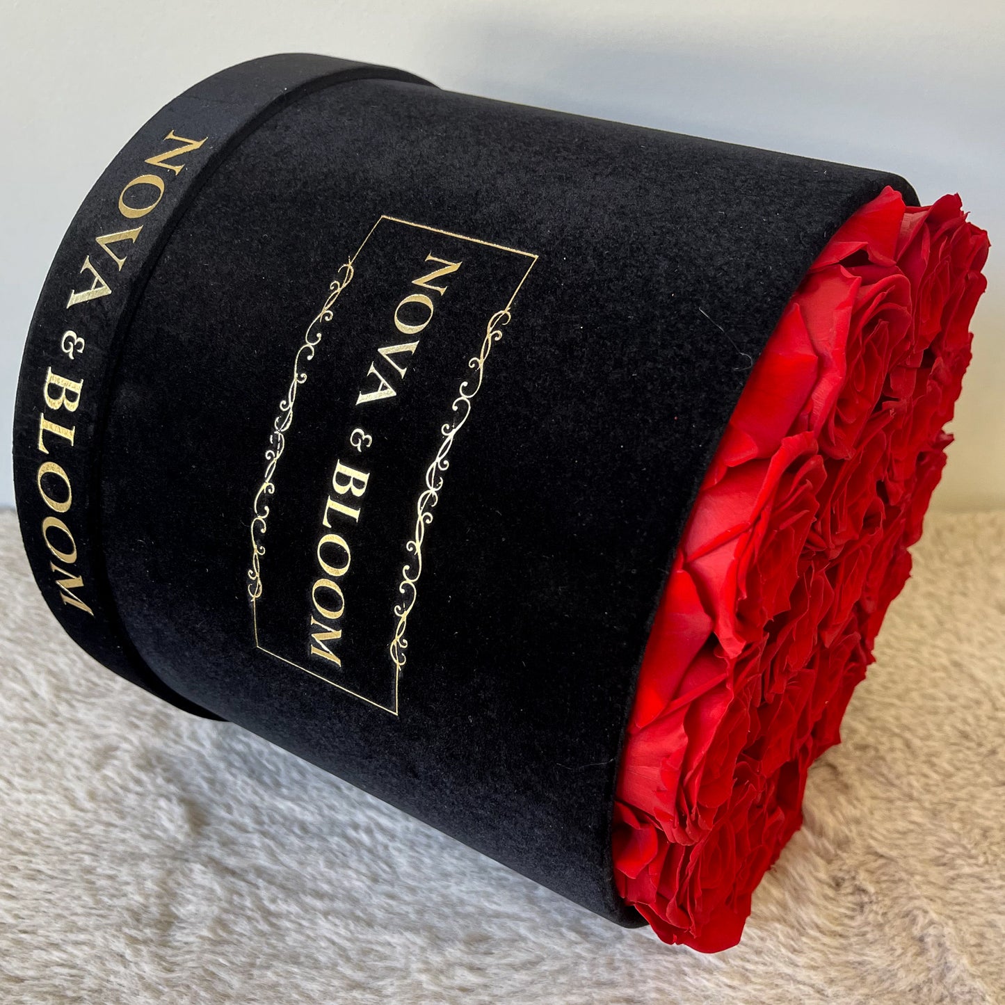 Large Black Velvet Round Arrangement - Red Preserved Roses - Side View