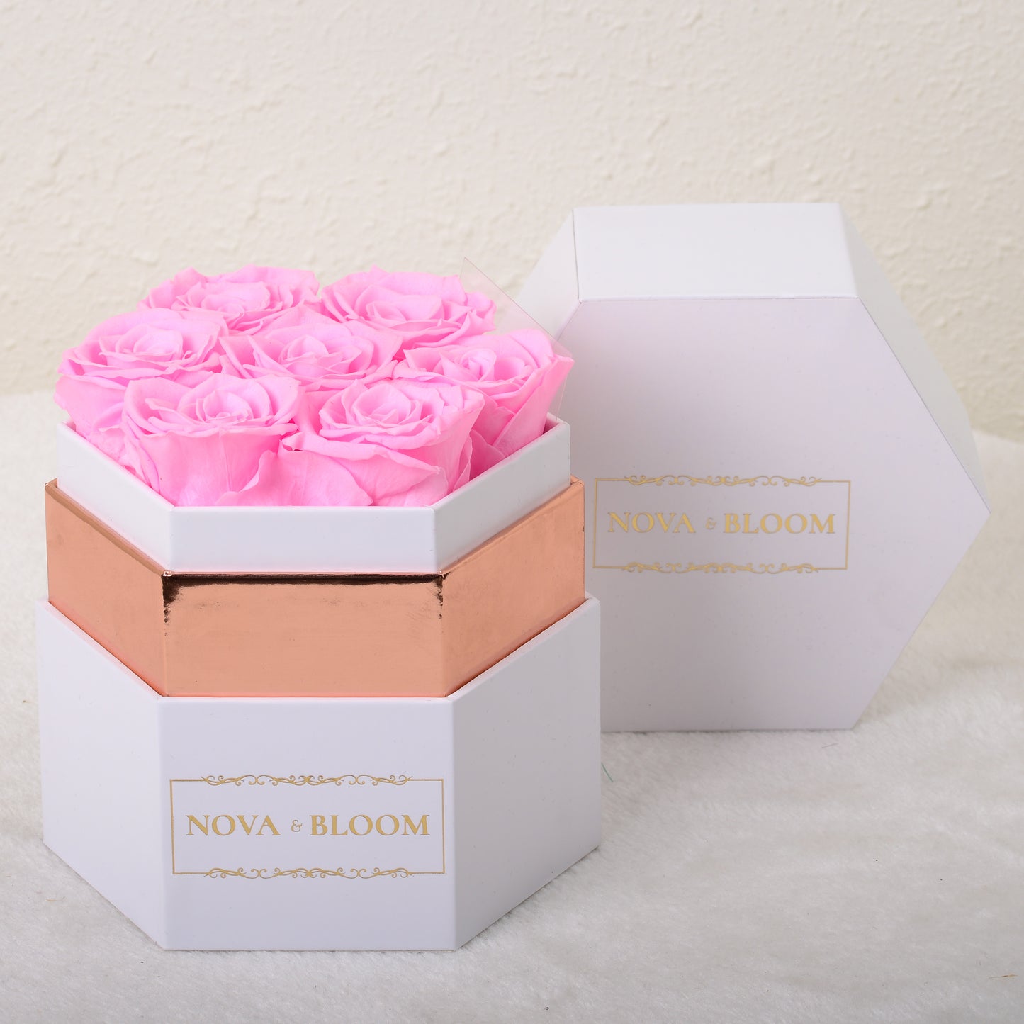 Medium Hexagon Arrangement - Pink Preserved Roses