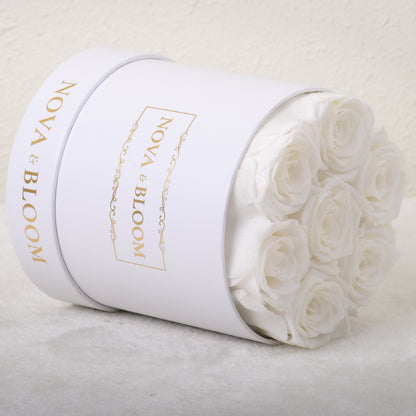 Medium White Round Arrangement - White Preserved Roses - Side View 