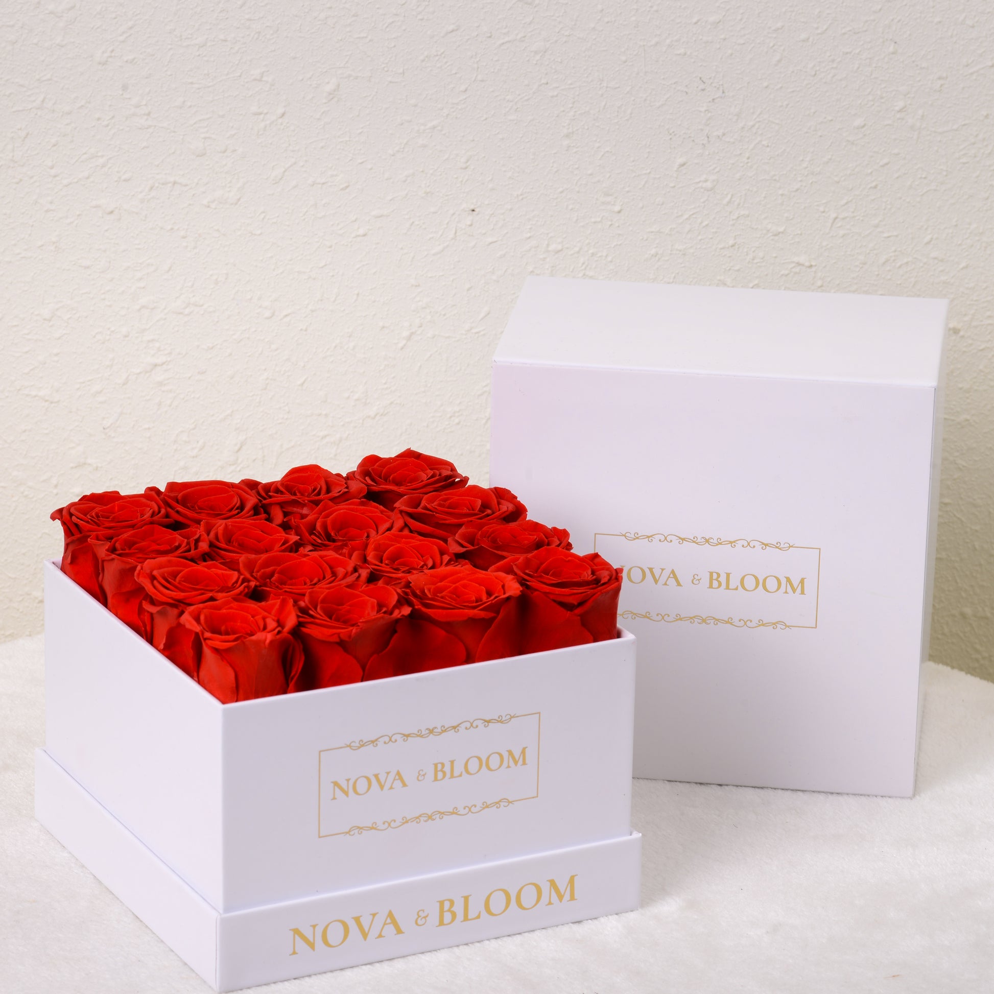 Large White Square Arrangement - Red Preserved Roses