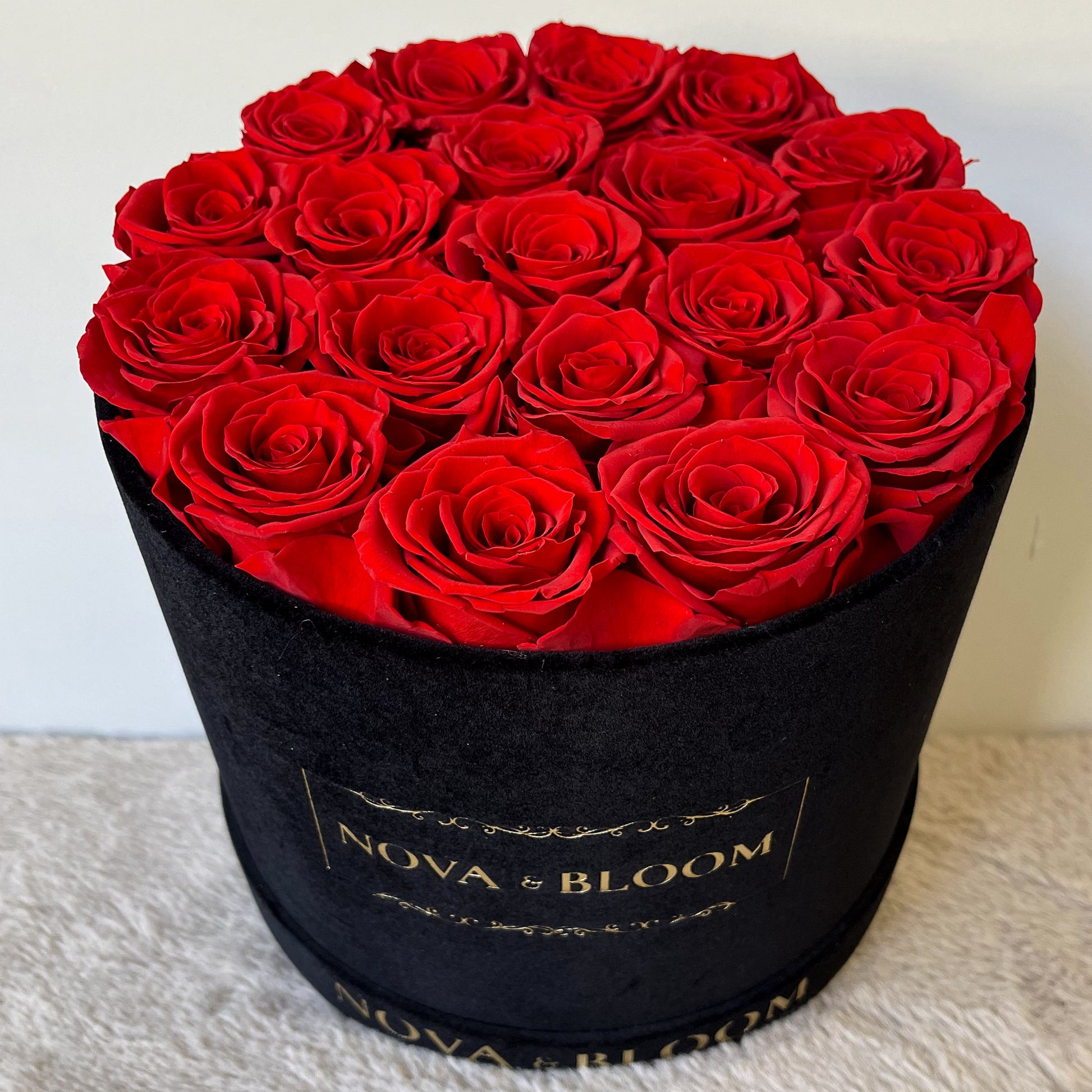 Large Black Velvet Round Arrangement - Red Preserved Roses - Front Angle View 